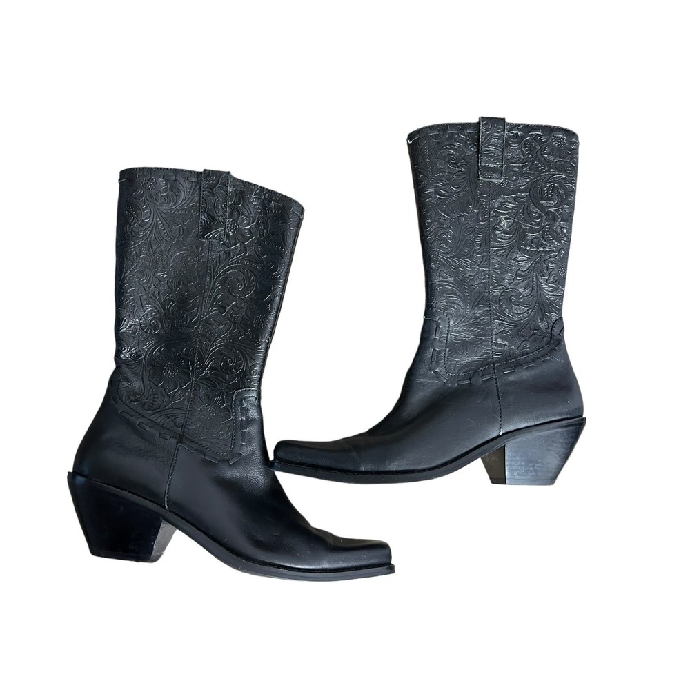 Coldwater Creek Black Embossed Leather Western Heeled Boots